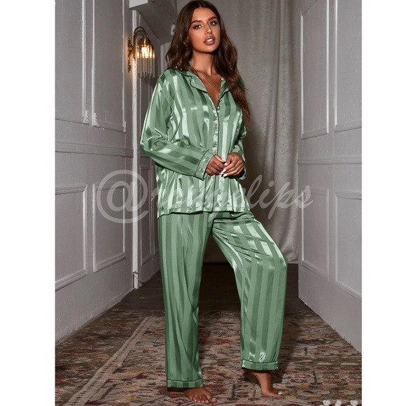 Satin Green Striped Women's Pajamas Pants Shirt Set - Picture 3 of 12